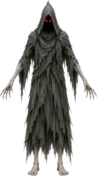 The Forgotten: a tall hooded figure in grey rags with long pale hands and two red points where its eyes were.