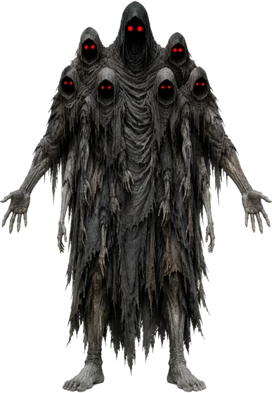 Legion: one robed body carrying seven hooded heads, each with red eyes.