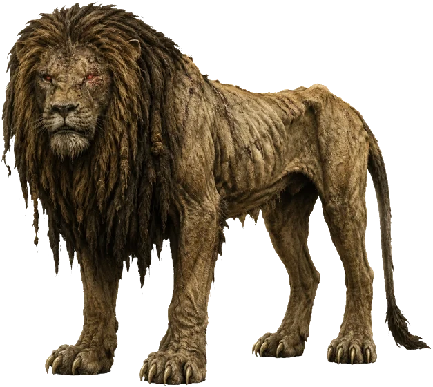 The Roaring Lion: a starved lion with a matted mane and red eyes.