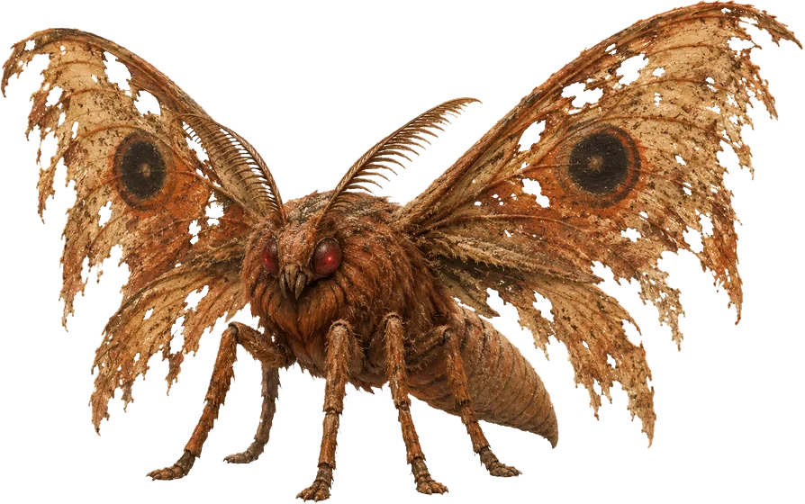Moth and Rust: a huge ragged moth with eye-marked wings eaten through with holes.