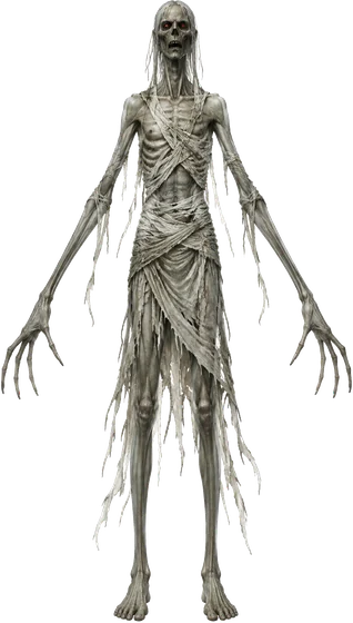 The Unclean Spirit: a gaunt bound figure wrapped in grave linen, arms held wide.