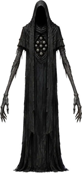 The Watcher: a tall black-robed figure, its face unlit, a cluster of pale eyes set into its chest.